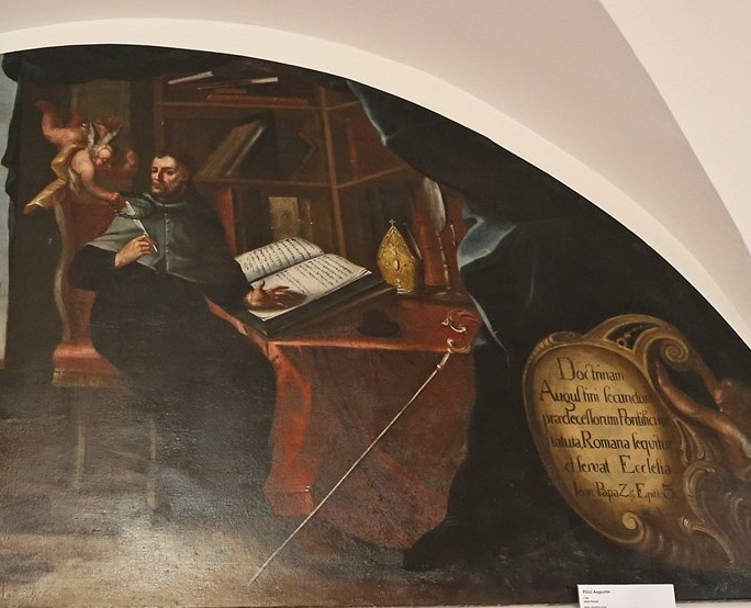 Agostino scrive le sue opere: particolare di Agostino allo scrittoio