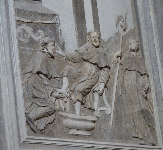 Agostino lava i piedi al Cristo pellegrino