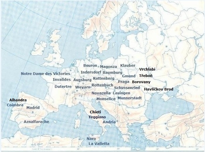 Localizzazione dei cicli agostiniani in Europa nel Settecento