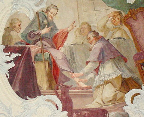 Agostino lava i piedi al Cristo pellegrino