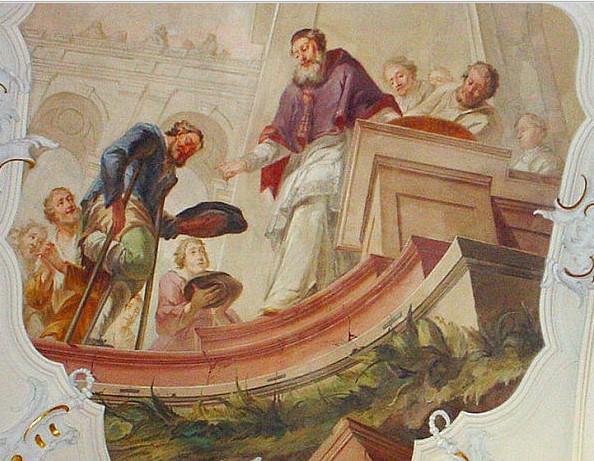 Agostino fa l'elemosina a uno zoppo