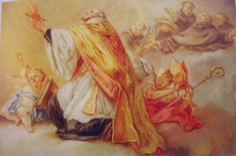 Particolare della Glorificazione trinitaria con l'immagine di Agostino e monaci che si rivolgono in preghiera alla Trinità: affresco di Enderle nella chiesa di S. Agostino a Lauingen