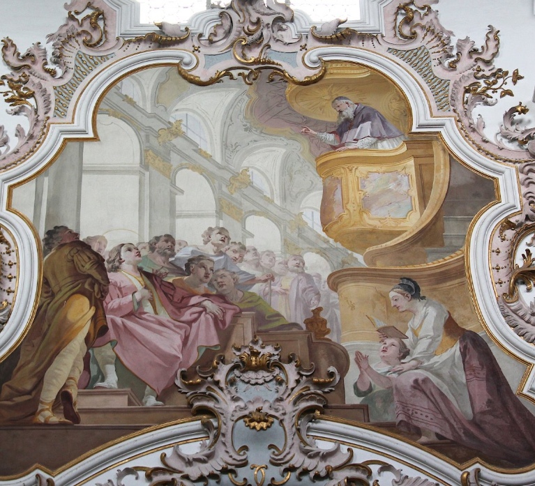 Agostino ascolta la predicazione di Ambrogio, affresco di Matthaus Gunther nella chiesa agostiniana della Natività di Maria a Rottenbuch