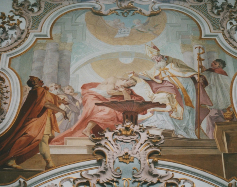 Battesimo di Agostino, affresco di Matthaus Gunther nella chiesa agostiniana della Natività di Maria a Rottenbuch