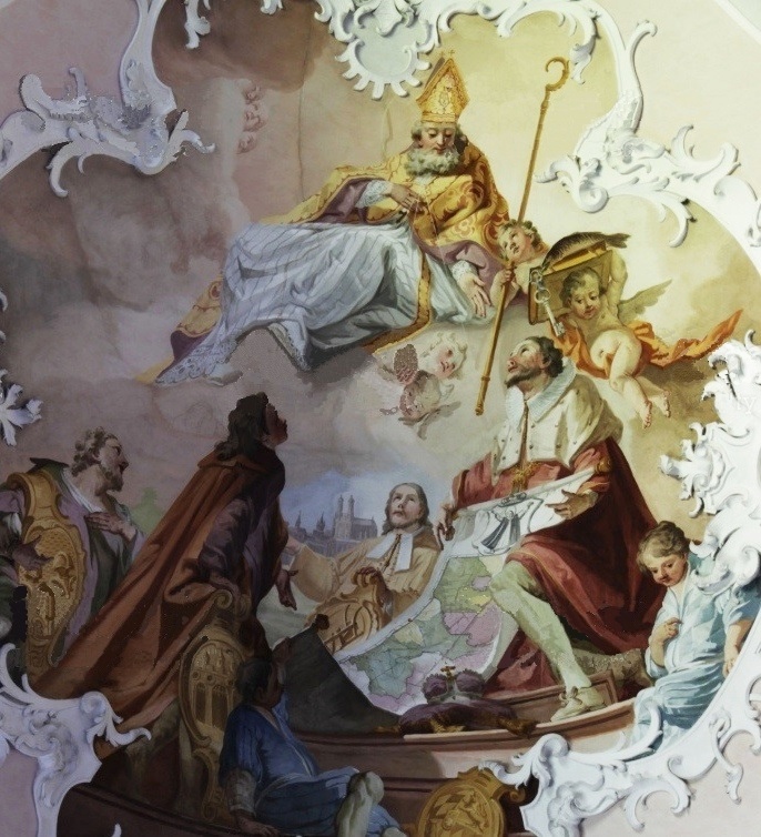 Agostino benedice l'imperatore, affresco di Matthaus Gunther nella chiesa agostiniana della Natività di Maria a Rottenbuch