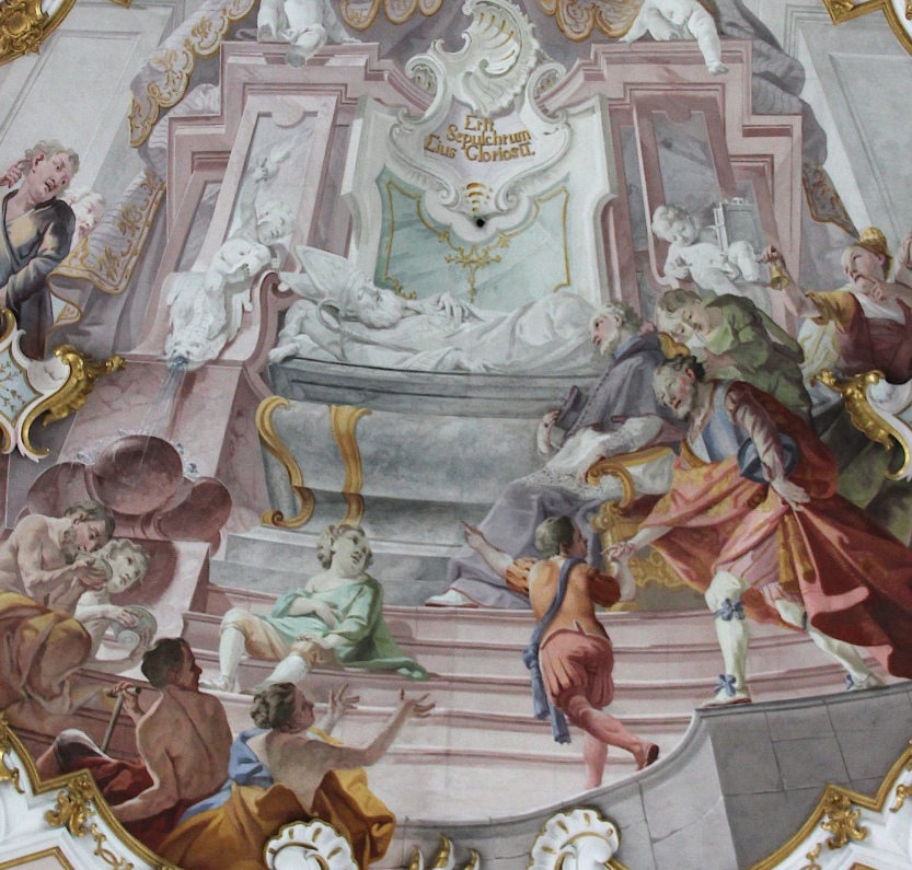 Agostino guarisce degli infermi sulla sua tomba, affresco di Matthaus Gunther nella chiesa agostiniana della Natività di Maria a Rottenbuch
