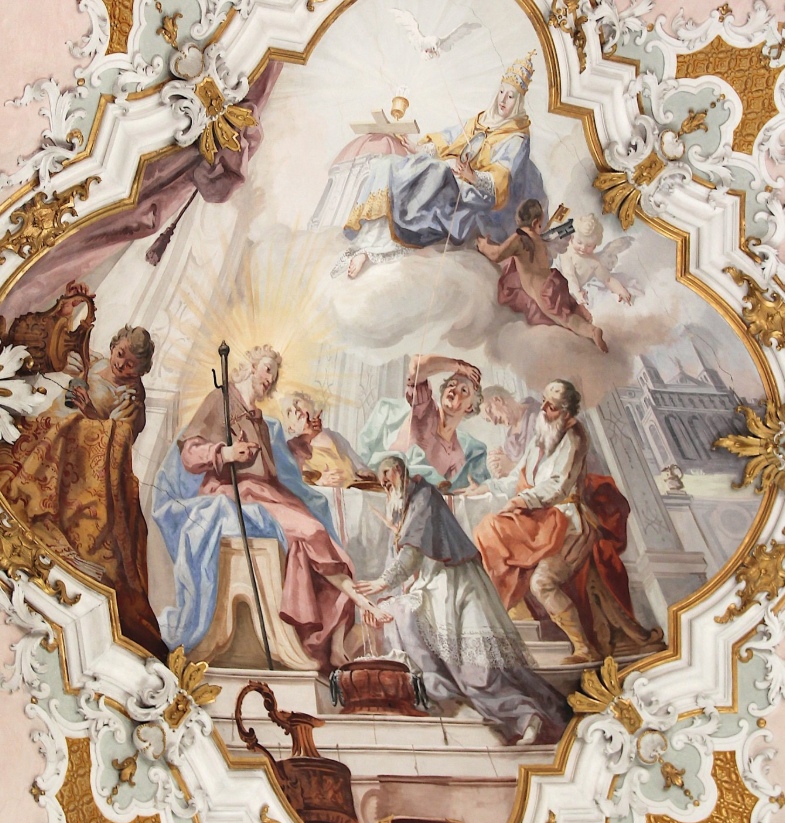 Agostino lava i piedi del Cristo Pellegrino, affresco di Matthaus Gunther nella chiesa agostiniana della Natività di Maria a Rottenbuch
