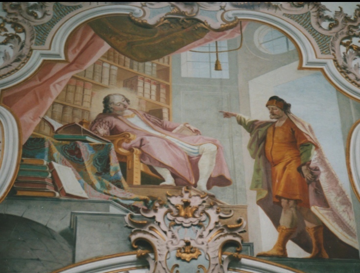 Agostino riceve la visita di Ponticiano che gli propone la vita ascetica, affresco di Matthaus Gunther nella chiesa agostiniana della Natività di Maria a Rottenbuch