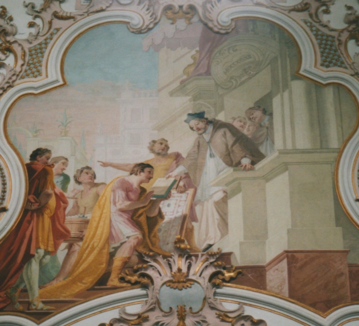 Agostino consegna la Regola a un giovane nobile, affresco di Matthaus Gunther nella chiesa agostiniana della Natività di Maria a Rottenbuch