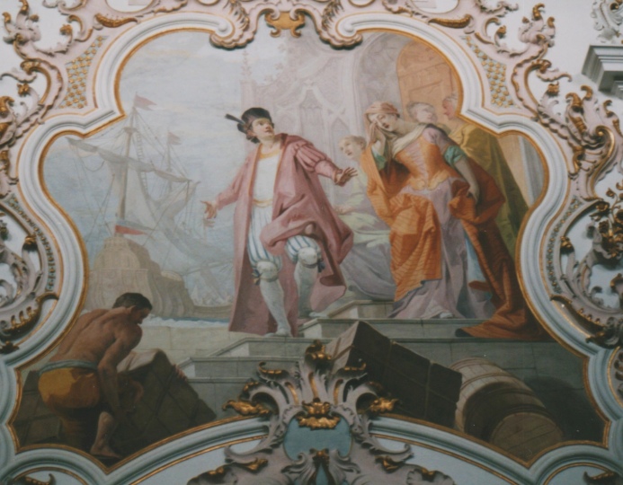Agostino s'imbarca per Roma fra la disperazione di Monica, affresco di Matthaus Gunther nella chiesa agostiniana della Natività di Maria a Rottenbuch