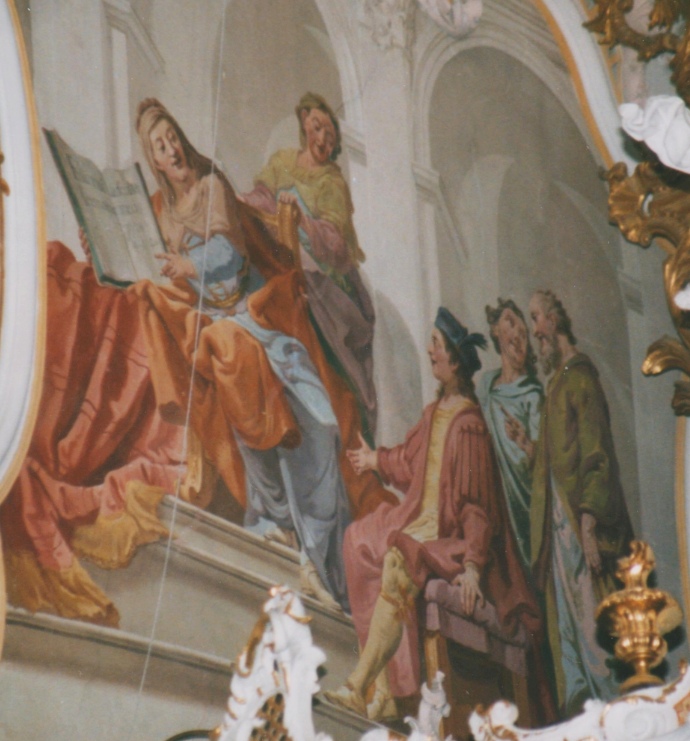La saggezza divina invita Agostino ad ascoltare le sue parole, affresco di Matthaus Gunther nella chiesa agostiniana della Natività di Maria a Rottenbuch