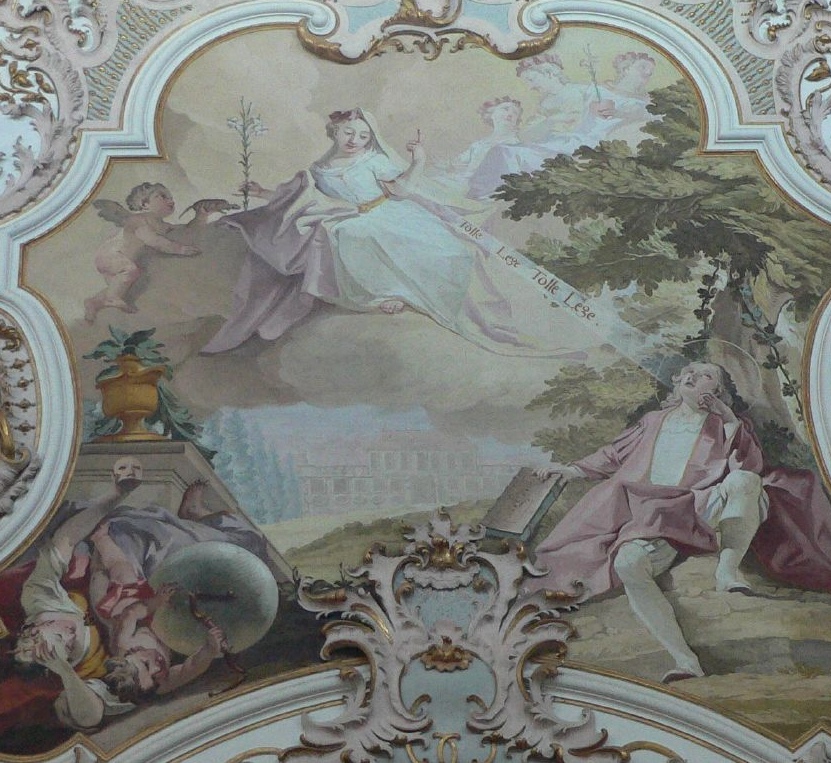 Tolle et Lege, affresco di Matthaus Gunther nella chiesa agostiniana della Natività di Maria a Rottenbuch