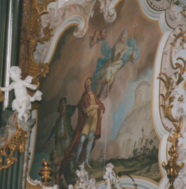 Agostino tra le Vanità e la Continenza, affresco di Matthaus Gunther nella chiesa agostiniana della Natività di Maria a Rottenbuch