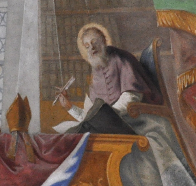 Particolare di Agostino al lavoro sotto l'ispirazione divina: affresco di Johann Zick a Schussenried