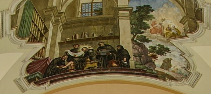 Agostino lava i piedi al Cristo pellegrino