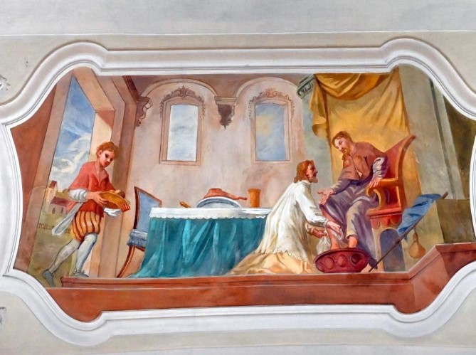 Agostino lava i piedi al Cristo pellegrino
