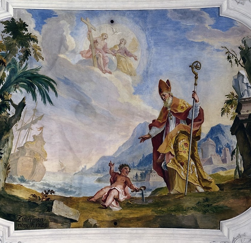 Affresco di Zimmermann nella chiesa parrocchiale di Weyarn che raffigura l'incontro di Agostino con un bambino sulla spiaggia