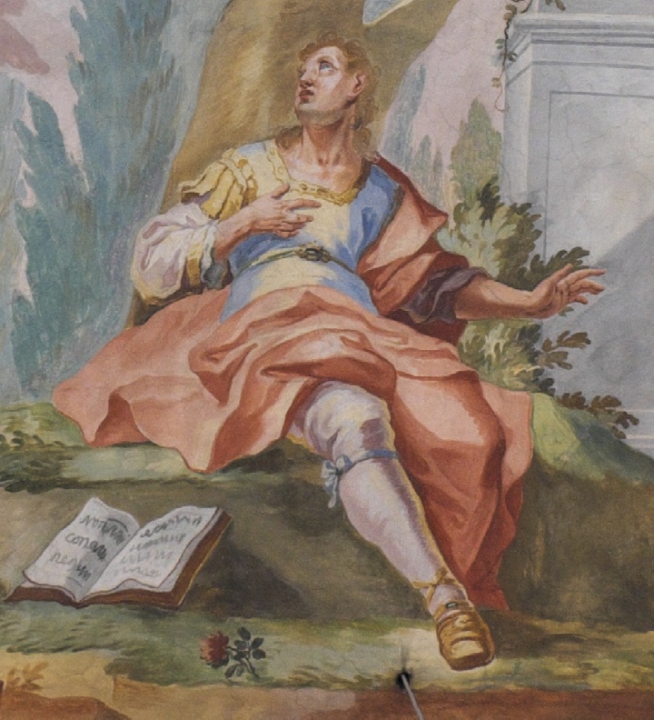 Affresco di Zimmermann nella chiesa parrocchiale di Weyarn che raffigura la scena del tolle lege nel giardino di Milano