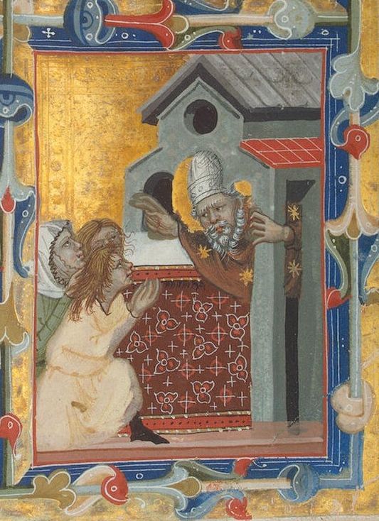 ms. 16931: Museo dell'Ermitage di san Pietroburgo: Agostino accoglie e saluta i pellegrini