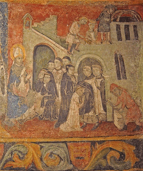 Agostino predica, veste un novizio e fonda monasteri: affresco a Llu nella chiesa di santa Maria