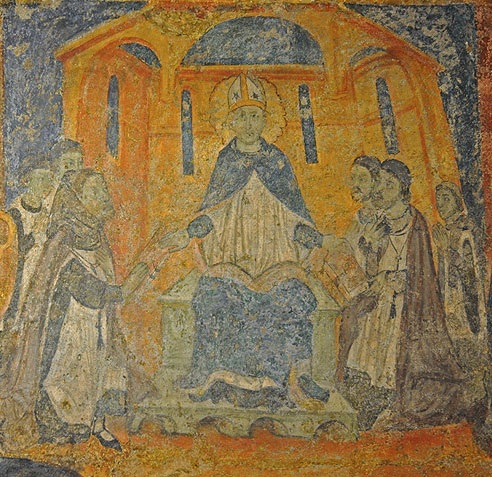 Agostino consegna la regola ai monaci: affresco a Lluçà nella chiesa di santa Maria
