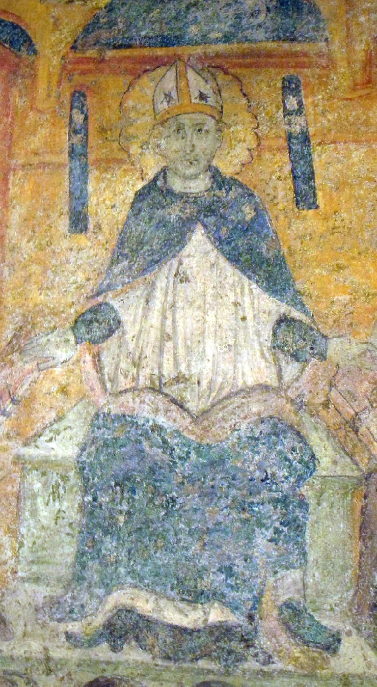 Agostino consegna la regola ai monaci: affresco a Llu nella chiesa di santa Maria