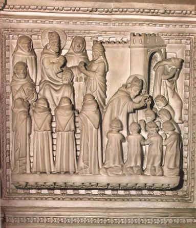 Agostino dopo aver confutato Fortunato battezza dei manichei, pannello dell'Arca di sant'Agostino in san Pietro in Ciel d'Oro a Pavia