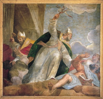 Agostino e Ambrogio colpiscono gli eretici