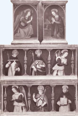 Maria e l'angelo Gabriele con Agostino e Santi