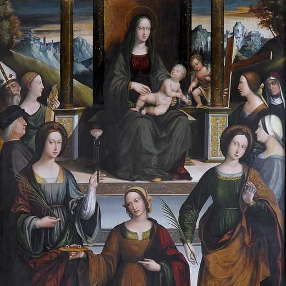 Madonna in trono col Bambino, S. Giovannino, le Sante Lucia, Agata, Caterina, Apollonia, Elena e Monica con Sant'Agostino e il committente