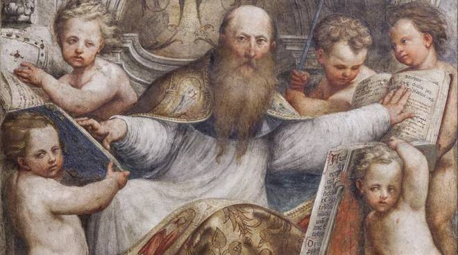 Particolare di Agostino che scrive libri e trattati