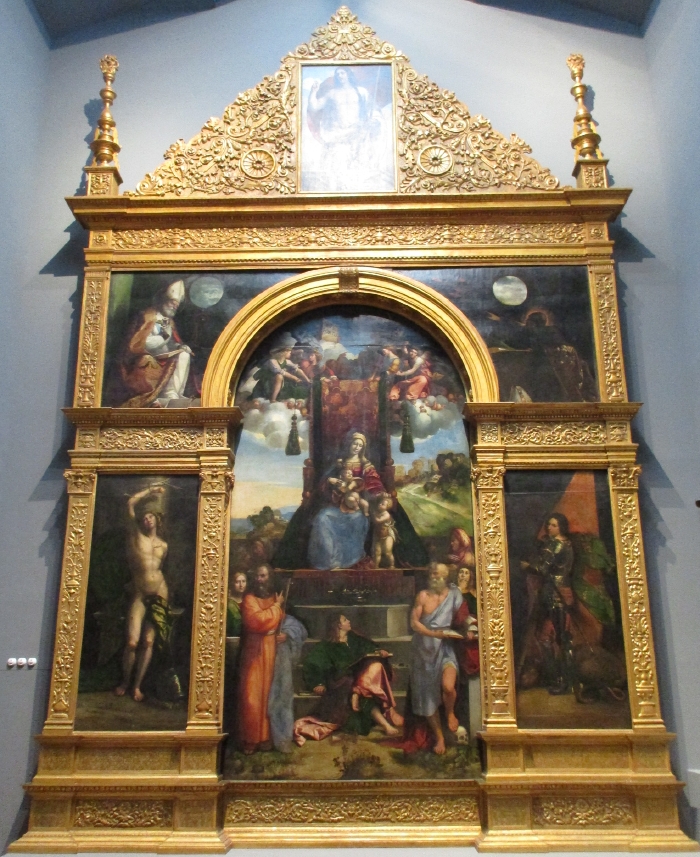 Madonna con Bambino in trono con San Giovannino, San Giovanni Evangelista, sant'Andrea, san Girolamo, angeli e Santi; san Sebastiano; Sant'Agostino; San Giorgio; Sant'Ambrogio; Cristo risorto