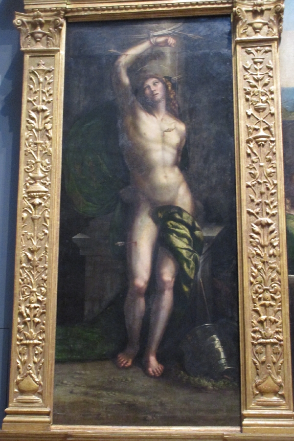 Madonna in trono con Agostino e santi: particolare di san Sebastiano