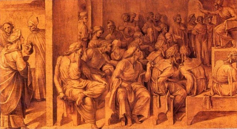 Agostino e sua madre Monica ascoltano le prediche di Ambrogio
