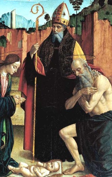 Madonna in adorazione del Bambino con i santi Giuseppe, Nicola da Tolentino, Agostino, Gerolamo e tre putti musicanti