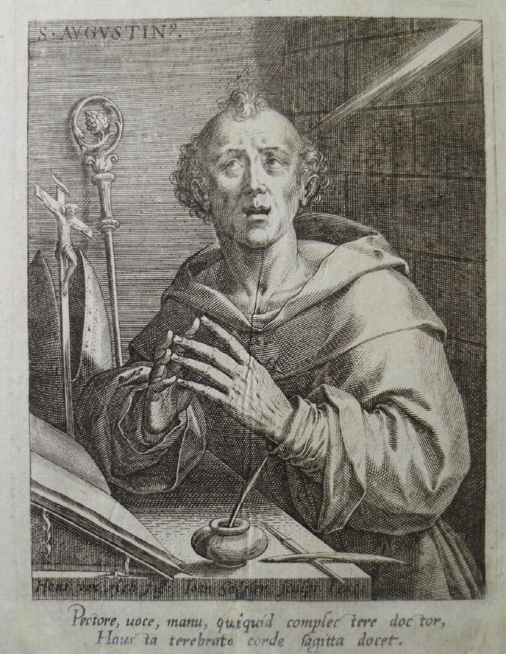 Agostino allo scrittoio medita e scrive