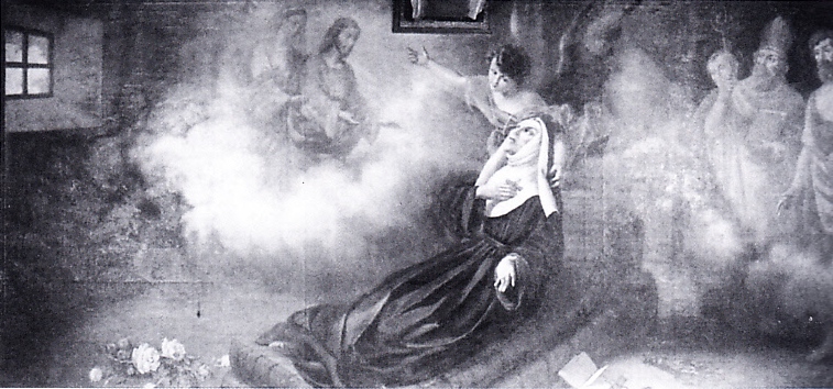 Santa Rita morente ha la visione di Cristo, della Vergine, di Agostino, Nicola da Tolentino e Giovanni il Battista