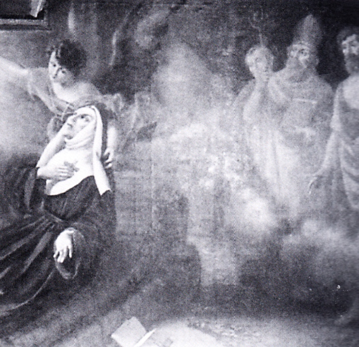 Santa Rita morente: particolare dei santi protettori Agostino, Nicola da Tolentino e Giovanni il Battista