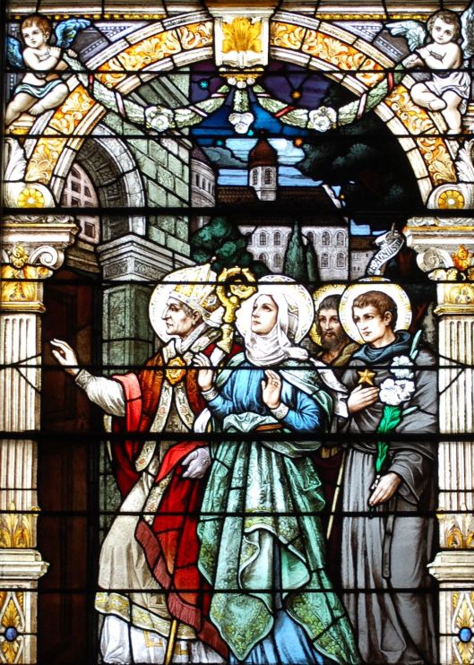 Santa Rita entra in convento accompagnata da Agostino, Giovanni Battista e san Nicola da Tolentino