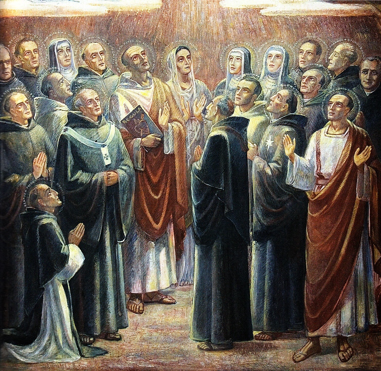 Agostino con santi e beati dell'Ordine contempla la Trinità