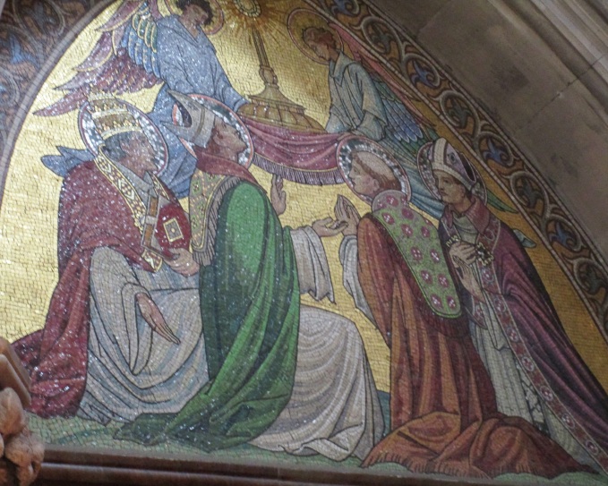 Agostino e i padri della Chiesa in preghiera davanti all'ostia sacra