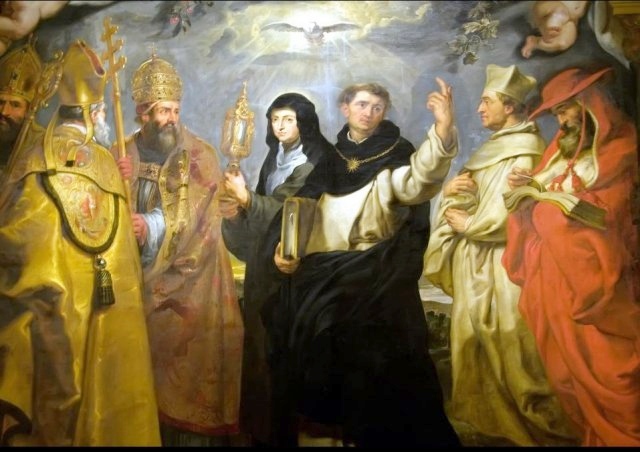 Ambrogio, Agostino, san Gregorio, santa Chiara, san Tommaso d'Aquino, san Norberto e san Gerolamo difensori della santa Eucarestia