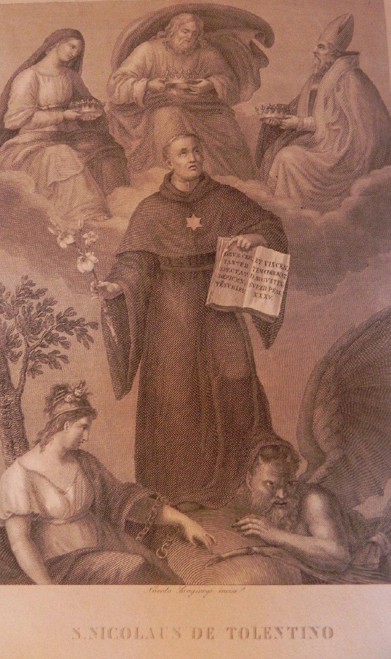 Agostino, la Vergine e Iddio Padre incoronano san Nicola da Tolentino acquaforte di Sangiorgi