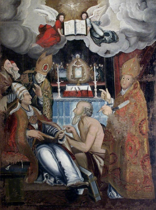 Lo Spirito Santo, i Dottori della Chiesa e due devoti