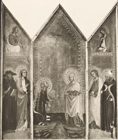 Santa Maria Maddalena e santa Dorotea in adorazione del crocifisso, San Girolamo e la Madonna, San Giovanni Evangelista e sant'Agostino, San Gabriele Arcangelo, Maria Vergine annunciata