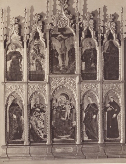 Madonna con Bambino in trono e angeli tra sant'Agostino, santa Caterina d'Alessandria, sant'Apollonia e san Nicola da Tolentino,San Sebastiano, san Pietro, crocifissione di Cristo, san Lorenzo e san Girolamo