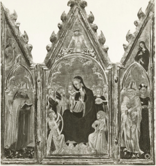 Madonna con Bambino e angeli musicanti,
con i santi Lucia e Nicola di Bari, Agostino e Caterina d'Alessandria, Cristo in pietà, Angelo annunciante, Maria Vergine annunciata