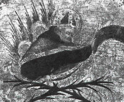 Agostino vescovo esalta san Nicola da Tolentino, dipinto di Giovanni di Paolo