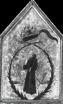 Agostino vescovo esalta san Nicola da Tolentino, dipinto di Giovanni di Paolo