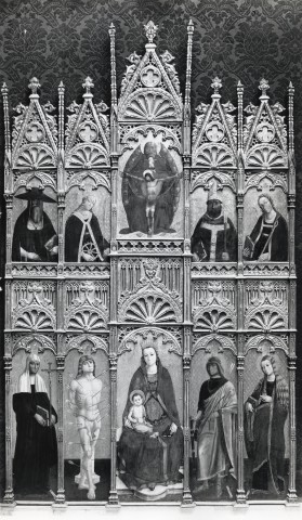 Madonna con Bambino in trono, Santa Monica e i santi Sebastiano, Chiara da Montefalco, Trinità, Girolamo, Caterina d'Alessandria, Apollonia e un santo vescovo